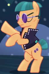 Size: 410x617 | Tagged: safe, screencap, spectrum shades, earth pony, pony, g4, the mane attraction, background pony, backup dancers, clothes, eyes closed, jacket, leather jacket, male, rearing, solo, stallion, sunglasses