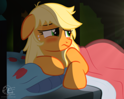 Size: 2000x1600 | Tagged: safe, artist:ponyecho, part of a set, applejack, earth pony, pony, g4, bed, bed hair, blushing, cute, female, floppy ears, freckles, frown, hatless, mare, messy mane, missing accessory, morning ponies, ponyecho is trying to murder us, prone, show accurate, solo, sunrise, tired