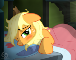 Size: 2000x1600 | Tagged: safe, artist:ponyecho, part of a set, applejack, earth pony, pony, g4, bed, bed hair, blushing, cute, female, floppy ears, freckles, hatless, jackabetes, mare, messy mane, missing accessory, morning ponies, one eye closed, ponyecho is trying to murder us, show accurate, smiling, solo, tired