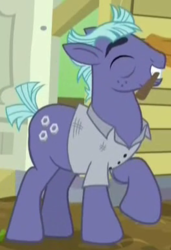 Size: 264x385 | Tagged: safe, screencap, locknut mccolt, earth pony, pony, g4, the hooffields and mccolts, background pony, clothes, cropped, eyes closed, mccolt family, mouth hold, raised hoof, solo