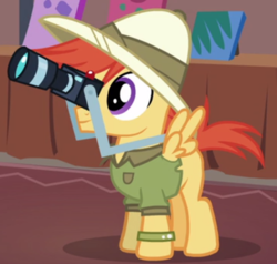 Size: 363x345 | Tagged: safe, screencap, viewfinder (g4), pony, g4, stranger than fan fiction, camera, clothes, colt, cosplay, costume, cute, foal, hat, male, pith helmet, solo