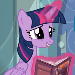 Size: 1072x1072 | Tagged: safe, screencap, daring do, rainbow dash, twilight sparkle, alicorn, pony, g4, stranger than fan fiction, book, magic, sad, twilight sparkle (alicorn)