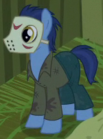 Size: 150x203 | Tagged: safe, screencap, grayson eddy, earth pony, pony, g4, scare master, background pony, clothes, costume, delirious, friday the 13th, jason voorhees, male, mask, nightmare night costume, not noteworthy, solo, stallion, you know for kids