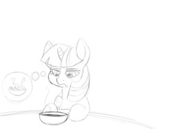 Size: 1280x960 | Tagged: safe, artist:trickydick, twilight sparkle, g4, female, frown, monochrome, sketch, solo, thought bubble