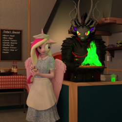 Size: 1500x1500 | Tagged: safe, artist:tahublade7, gameloft, king sombra, princess cadance, anthro, g4, 3d, apron, armor, clothes, context in description, daz studio, food, hat, implied twilight sparkle, on fire, pizza, restaurant, sombra eyes, waitress, worried