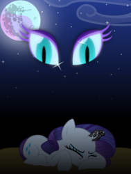 Size: 1662x2200 | Tagged: safe, artist:bootsyslickmane, nightmare moon, rarity, fanfic:alone in the moonlight, g4, alternate timeline, fanfic, fanfic art, fanfic cover, horn, horn crystals, lying down, magic suppression, moon, nightmare takeover timeline, stars