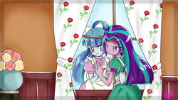 Size: 1198x674 | Tagged: safe, artist:foxxy00candy, aria blaze, sonata dusk, equestria girls, g4, clothes, curtains, dress, duo, female, lesbian, ship:arisona, shipping, window