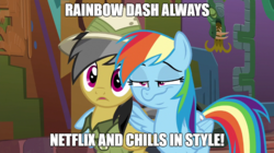 Size: 888x499 | Tagged: safe, edit, edited screencap, screencap, daring do, rainbow dash, pegasus, pony, g4, stranger than fan fiction, caption, faic, female, innuendo, mare, netflix and chill, rainbow dash is best facemaker, smug, smugdash