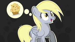 Size: 1920x1080 | Tagged: safe, artist:noah-x3, derpy hooves, pegasus, pony, g4, female, food, mare, muffin, show accurate, solo, thought bubble, wallpaper