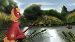 Size: 1920x1080 | Tagged: safe, artist:dezdark, big macintosh, earth pony, pony, g4, fishing, male, scenery, solo, stallion