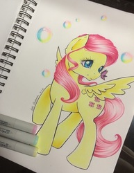 Size: 702x907 | Tagged: safe, artist:nellix, fluttershy, butterfly, pegasus, pony, g4, female, insect on nose, looking at something, mare, marker drawing, raised hoof, solo, spread wings, traditional art