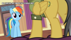 Size: 960x540 | Tagged: safe, edit, edited screencap, screencap, a.k. yearling, daring do, rainbow dash, g4, stranger than fan fiction, butt, daring donk, image macro, meme, plot, the graduate