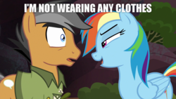 Size: 1280x720 | Tagged: safe, edit, edited screencap, screencap, quibble pants, rainbow dash, g4, stranger than fan fiction, duo, female, image macro, male, meme, rainbow dash seduces quibble pants, ship:quibbledash, shipping, straight, we don't normally wear clothes