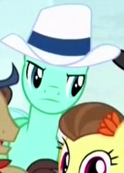 Size: 184x255 | Tagged: safe, screencap, banana pudding, buckwheat (g4), claviharp, sirocco, earth pony, pony, appleoosa's most wanted, g4, appleloosa resident, background pony, cowboy hat, cropped, female, hat, male, male focus, mare, outdoors, solo focus, stallion