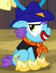 Size: 286x372 | Tagged: safe, screencap, hehe helium, earth pony, pony, appleoosa's most wanted, g4, appleloosa resident, background pony, clown, cowboy hat, cropped, hat, makeup, male, rodeo clown, solo focus, stallion