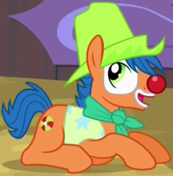 Size: 575x586 | Tagged: safe, screencap, beach baller, earth pony, pony, appleoosa's most wanted, g4, appleloosa resident, background pony, clothes, clown, clown nose, cowboy hat, cropped, hat, makeup, male, prone, red nose, rodeo clown, solo, stallion