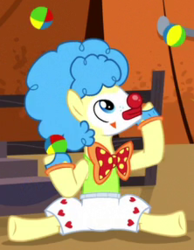 Size: 222x286 | Tagged: safe, screencap, topspin, earth pony, pony, appleoosa's most wanted, g4, season 5, afro, appleloosa resident, background character, background pony, bowtie, butt, clothes, clown, clown makeup, clown nose, cropped, juggling, makeup, male, pants, picture for breezies, red nose, rodeo clown, solo, stallion, wig