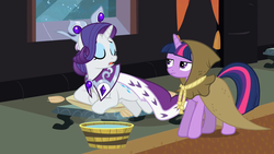 Size: 1280x720 | Tagged: safe, screencap, clover the clever, princess platinum, rarity, twilight sparkle, pony, g4, hearth's warming eve (episode), clothes, costume, deadpan, eyes closed, hot tub, talking