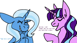 Size: 853x480 | Tagged: safe, artist:secondstationpass, starlight glimmer, trixie, pony, unicorn, g4, female, laughing, mare