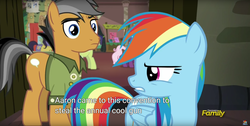 Size: 1920x970 | Tagged: safe, screencap, escoba verde, moonlight zephyr, peanut plant, quibble pants, rainbow dash, pony, g4, stranger than fan fiction, meme, youtube caption