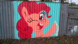 Size: 1632x920 | Tagged: safe, artist:hunternif, pinkie pie, g4, graffiti, heart eyes, irl, one eye closed, open mouth, photo, smiling, solo, wingding eyes, wink