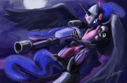 Size: 5329x3500 | Tagged: safe, artist:eddywardster, nightmare moon, alicorn, pony, g4, absurd resolution, crossover, female, flying, gun, hooves, horn, mare, moon, optical sight, overwatch, rifle, sniper rifle, solo, weapon, widowmaker, wings