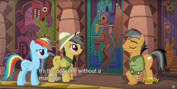 Size: 1920x970 | Tagged: safe, screencap, daring do, quibble pants, rainbow dash, pony, g4, stranger than fan fiction, discovery family logo, meme, youtube caption