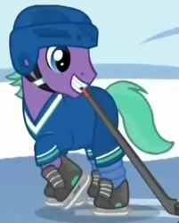 Size: 343x427 | Tagged: safe, screencap, grape candy, earth pony, pony, g4, tanks for the memories, background pony, cropped, hockey, male, mouth hold, solo, stallion