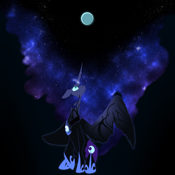 Size: 2000x2000 | Tagged: safe, artist:lunar-march, nightmare moon, princess luna, alicorn, pony, g4, high res, looking up, moon, sitting, solo, spread wings, transformation