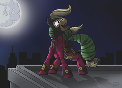 Size: 2000x1444 | Tagged: safe, artist:reptilianbirds, applejack, mistress marevelous, g4, power ponies (episode), female, moon, night, power ponies, rooftop, solo