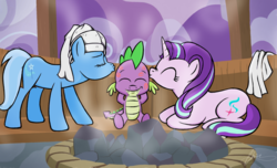 Size: 2229x1356 | Tagged: safe, artist:oinktweetstudios, spike, starlight glimmer, trixie, dragon, pony, unicorn, g4, coal, cute, cutie mark, diatrixes, female, glimmerbetes, kiss mark, kissing, lipstick, male, mare, polyamory, ponyville spa, sauna, shipping, spa, sparlixie, spikabetes, spike gets all the mares, spikelove, steam, straight, towel, trio