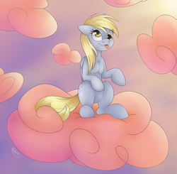 Size: 1581x1549 | Tagged: safe, artist:katrinahu, derpy hooves, pegasus, pony, g4, cloud, female, floppy ears, mare, sitting, solo, tongue out