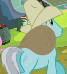 Size: 976x1080 | Tagged: safe, screencap, moss pages, earth pony, pony, g4, trade ya!, background pony, bag, butt, cropped, hat, male, plot, solo, stallion, unnamed character, unnamed pony