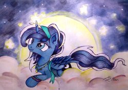 Size: 1024x722 | Tagged: safe, artist:lailyren, princess luna, g4, alternate hairstyle, cloud, female, hairband, jewelry, moon, necklace, prone, solo, traditional art