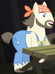 Size: 262x356 | Tagged: safe, screencap, deuce switchell, pony, g4, somepony to watch over me, background pony, bandana, cajun ponies, cropped, male, overalls, solo, stallion, table, unshorn fetlocks