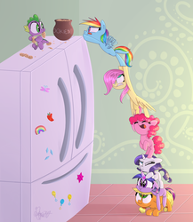 Size: 1920x2215 | Tagged: safe, artist:siggie740, applejack, fluttershy, pinkie pie, rainbow dash, rarity, spike, twilight sparkle, dragon, earth pony, pegasus, pony, unicorn, g4, baby, baby dragon, baby spike, cookie, cookie jar, cute, diapinkes, eyes closed, female, filly, filly applejack, filly fluttershy, filly pinkie pie, filly rainbow dash, filly rarity, filly twilight sparkle, food, freckles, jackabetes, male, mane seven, mane six, one eye closed, open mouth, pony pile, puffy cheeks, raribetes, refrigerator, shyabetes, smiling, spikabetes, teamwork, teamwork is magic, tongue out, tower of pony, twiabetes, younger
