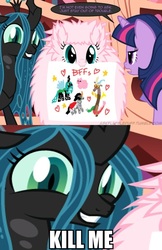 Size: 622x960 | Tagged: safe, artist:mixermike622, edit, discord, king sombra, queen chrysalis, twilight sparkle, oc, oc:fluffle puff, tumblr:ask fluffle puff, g4, gritted teeth, image macro, kill me, meme