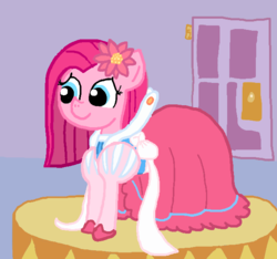 Size: 640x600 | Tagged: safe, artist:ficficponyfic, color edit, edit, edited edit, pinkie pie, oc, oc:emerald jewel, colt quest, g4, alternate color palette, bow, clothes, color, colored, colt, crossdressing, cute, cyoa, door, drag queen, dress, femboy, flower, flower in hair, male, pinkamena diane pie, recolor, ribbon, shoes, solo, trap