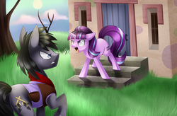 Size: 4406x2887 | Tagged: safe, artist:scarlet-spectrum, starlight glimmer, oc, oc:peacemaker, g4, argument, clothes, commission, equal cutie mark, high res, open mouth, raised hoof