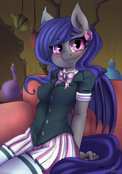 Size: 540x771 | Tagged: safe, artist:atane27, oc, oc only, oc:dusk rhine, bat pony, anthro, bowtie, clothes, couch, cute, female, hair bow, looking at you, mare, nervous, rule 63, smiling, socks, solo, thigh highs
