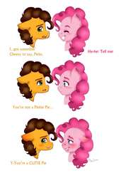 Size: 900x1197 | Tagged: safe, artist:arioodle, cheese sandwich, pinkie pie, g4, blushing, comic, dialogue, female, male, pun, ship:cheesepie, shipping, simple background, straight, text, white background