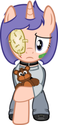 Size: 611x1307 | Tagged: safe, artist:cyberapple456, oc, oc only, oc:faitholesia, pony, unicorn, bandaid, clothes, collar, eyepatch, five nights at freddy's, pants, scar, shoes, solo, t-shirt, teddy bear