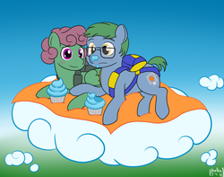 Size: 1000x787 | Tagged: safe, artist:phallen1, oc, oc only, oc:software patch, oc:windcatcher, blanket, blushing, cloud, cupcake, food, glasses, messy eating, parachute, picnic, sky, windpatch