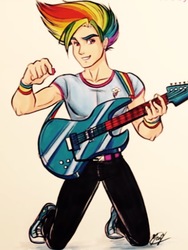 Size: 1536x2048 | Tagged: artist needed, safe, rainbow dash, human, g4, guitar, humanized, needs more jpeg, rainbow blitz, rule 63, solo, tight clothing