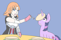 Size: 600x394 | Tagged: safe, artist:jonfawkes, twilight sparkle, alicorn, human, pony, castle sweet castle, g4, food, horn, horn impalement, i'm pancake, nora valkyrie, pancakes, rwby, twilight sparkle (alicorn)