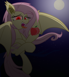 Size: 1600x1800 | Tagged: safe, artist:geraritydevillefort, fluttershy, bat pony, pony, g4, apple, fangs, female, floating, flutterbat, fruit, full moon, night sky, open mouth, red eyes, solo, stars, tongue out