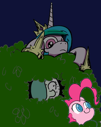 Size: 639x800 | Tagged: safe, artist:ficficponyfic, artist:lovelyneckbeard, artist:valcron, color edit, edit, edited edit, pinkie pie, princess celestia, oc, oc:emerald jewel, colt quest, g4, bush, color, colored, colt, frown, hiding, male, nervous, night, q&a, searching, sweat, wip