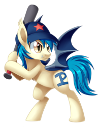 Size: 1600x2030 | Tagged: safe, artist:centchi, oc, oc only, oc:moonshot, bat pony, pony, baseball bat, baseball cap, hat, solo, watermark