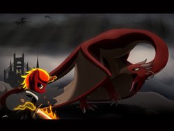 Size: 1032x774 | Tagged: safe, artist:avastin4, oc, dragon, pony, unicorn, crossover, dark souls, fire, flaming sword, magic, male, mane of fire, sword, weapon