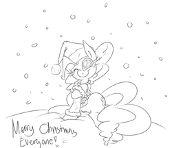 Size: 2941x2546 | Tagged: safe, artist:leadhooves, pinkie pie, g4, female, hat, monochrome, one eye closed, santa hat, snow, snowfall, solo, wink